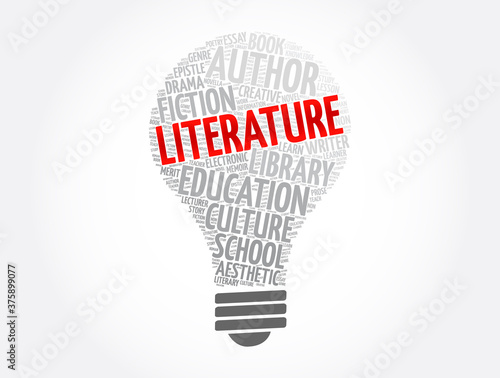 Literature light bulb word cloud collage, education concept background