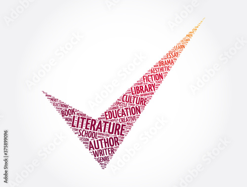 Literature check mark word cloud collage, education concept background