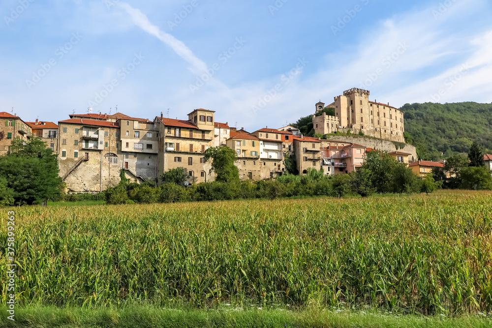 Backgrounds of the old houses of the medieval city of Monesiglio, Piedmont region, Cuneo province, Italy