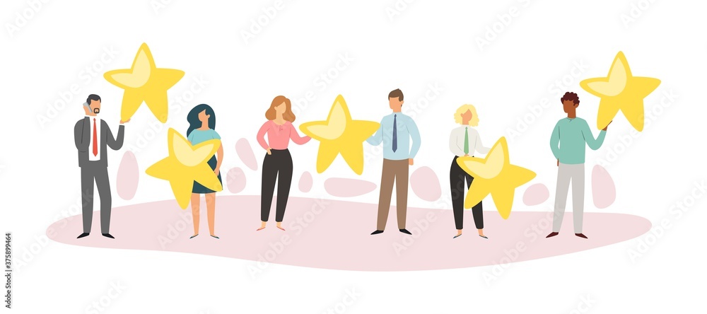 Composition people star, top positive concept, online application, characteristic buyer, design, cartoon style vector illustration. Reputation customer, banner user, best rating, scale activity.