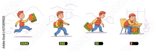 Boy loses energy charge during day, Kid and life energy battery