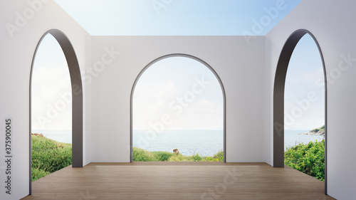 Wooden floor terrace of empty pavilion in modern house or luxury hotel. Cozy home patio 3d rendering with beach and sea view.