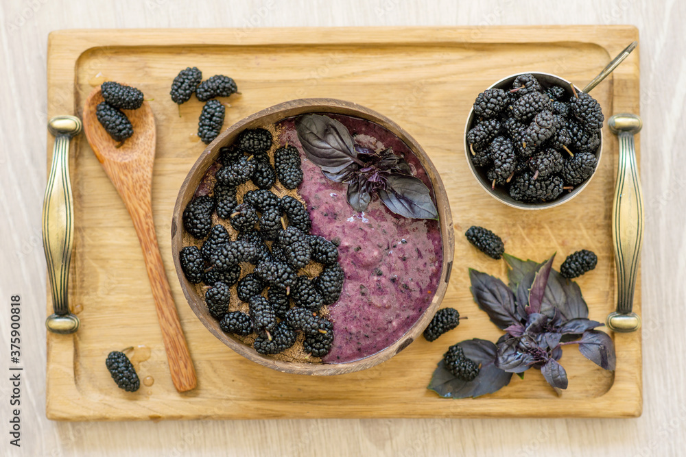 smoothies bowl with banana, ground flax and mulberry smoothies bowl with banana, ground flax and mulberry