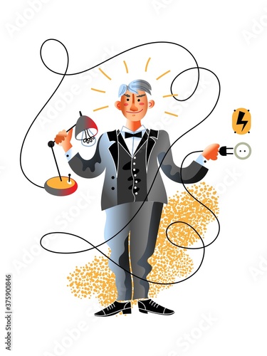 Edison great discoverer holding lamp and plug