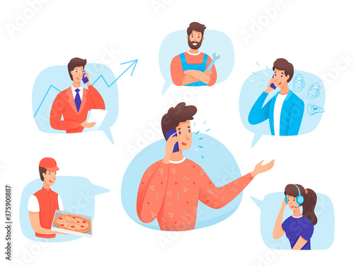 Young man talking phone with different people