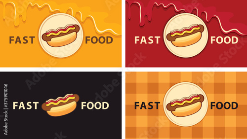 A set of business cards for a fast food restaurant with hot dogs. Vector illustration in cartoon style with a tasty hot dogs on various backgrounds, suitable for menu cover, flyer, advertising banner