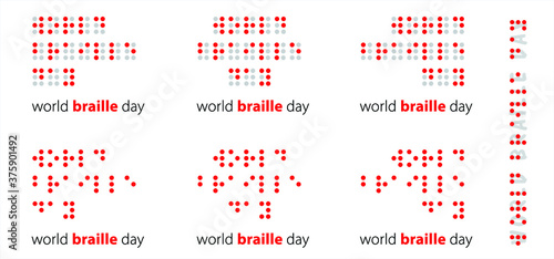 Slogan World braille day, blind. Alphabet for blind, reading braille code signs. Louis Braille france Coupvray. 4 January Vector symbol. Text touching the relief hand finger quote. Points or dots