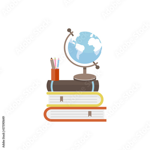 Stack of books, globe and stationery illustration. Concept composition for school, college, university. Vector on white background.