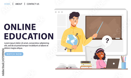 Online education, home schooling concept design. Young girl character studying with laptop. Man teacher on screen. Vector web page banner of online lesson.