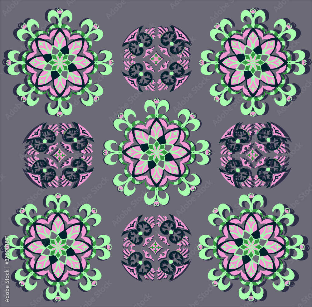 Sea foam and pink floral patterns on the brown background