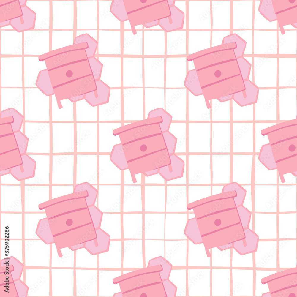 Contrast seamless beehive pattern. Pink bright ornament on white chequered background.