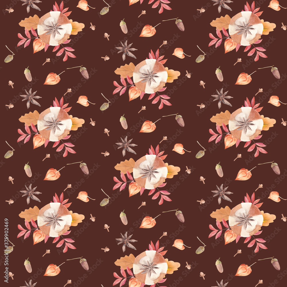 Watercolor seamless thanksgiving pattern. Hand painted gift boxes tied with ribbon, rowan and oak leaves, acorns, physalis buds, star anise, cloves spice, rose hip Watercolor seamless thanksgiving pattern. Hand painted gift boxes tied with ribbon, rowan and oak leaves, acorns, physalis buds, star anise, cloves spice, rose hip