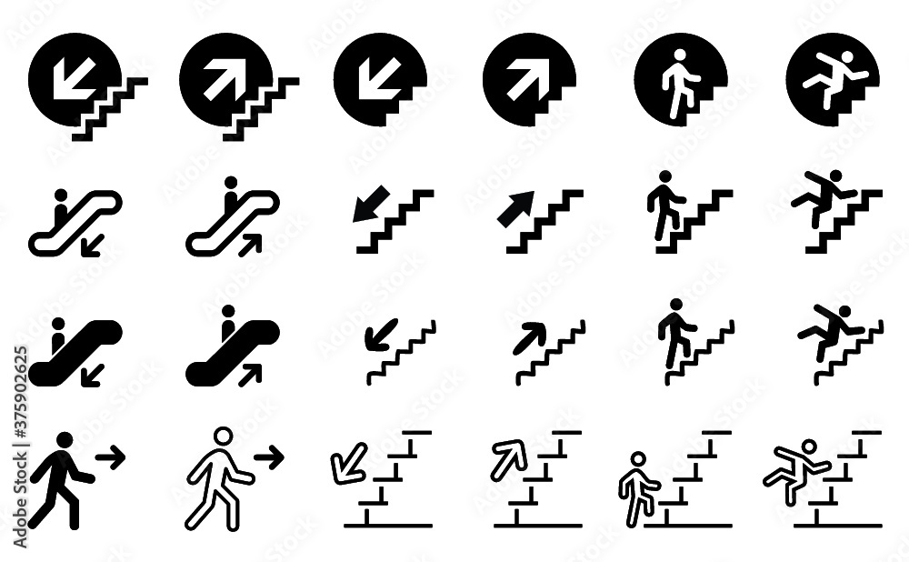 Stairs climbing walking set Go down up Escalator Airport Elevator Emergency exit Man person running Foot Walks walking icon vector sign steps Flame Fire Disaster Misfortune Calamity Warning footstep
