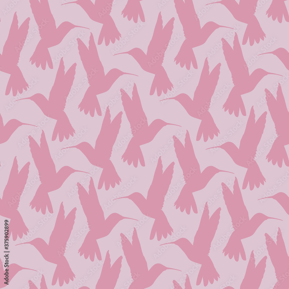 Fototapeta premium Seamless pattern with small flying birds of paradise hummingbirds on a pink background. Design for fabric, clothing, bedding, wrapping paper