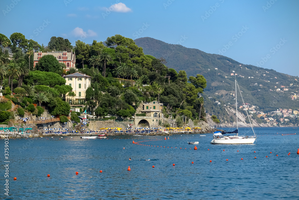 Obraz premium Small slope, Ponta Pagana, from the main beach of Santa Margherita Ligure, Liguria region, Genoa province Italy