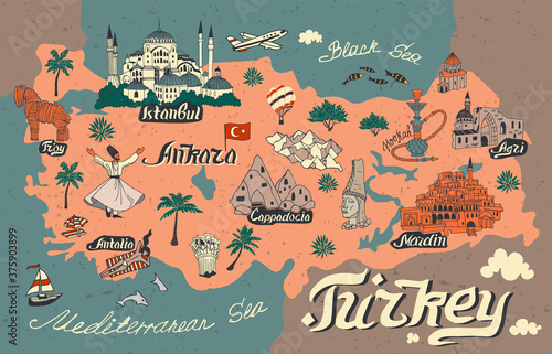 Illustrated map of attractions of Turkey. Culture and national color of the country