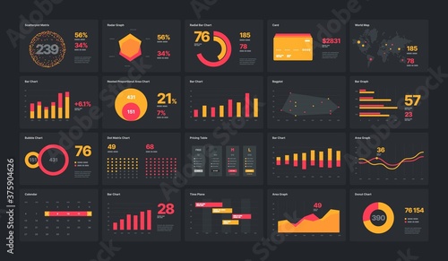 Elements of infographics on a black background. For business layout, presentation template, flyer, leaflet and corporate report. UI and UX Kit with big data visualization.
