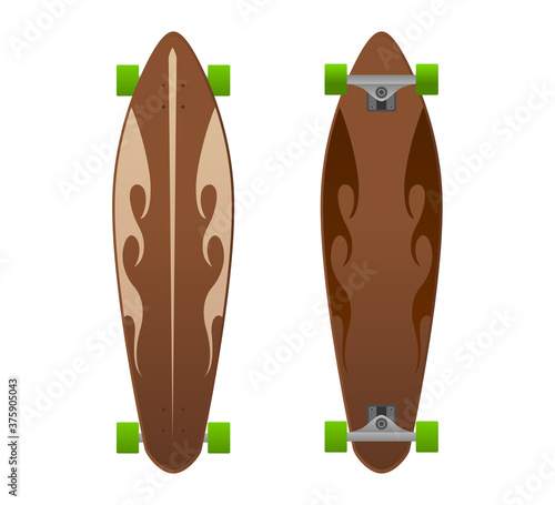 Vector wooden longboard with fire flame design.Vector wooden long board illustration from longboards collection.