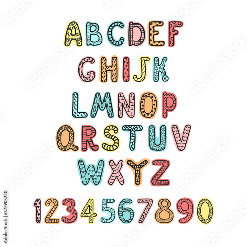Vector cute colorful alphabet for kids. Can be used as elemets for your design for greeting cards, nursery, poster, card, birthday party, packaging paper design, baby t-shirts prints