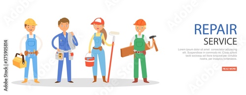 Repair service, banner inscription, worker man, work equipment, mobile help, cartoon style vector illustration, isolated on white. Men, women, people professionals, construction business maintenance