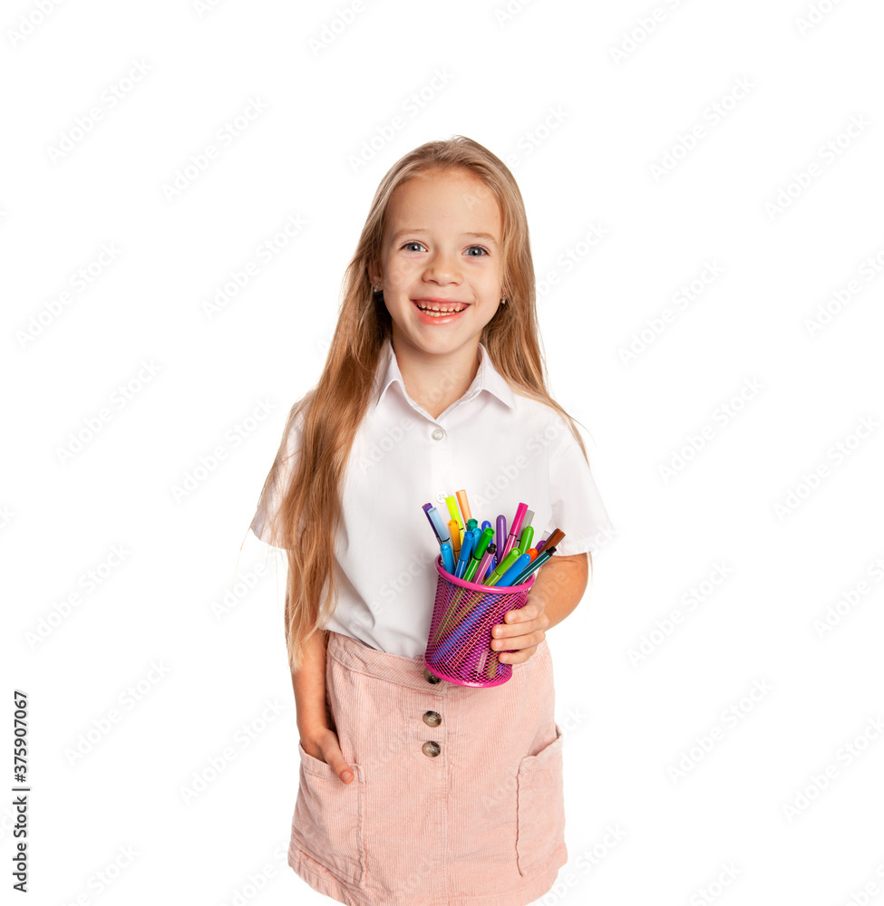 Cute girl with felt-tip pens. Studio bright portrait. Cute girl with felt-tip pens. Studio bright portrait.