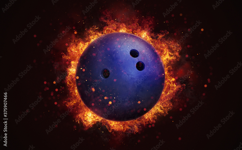 Flying bowling ball in burning flames close up on dark brown background