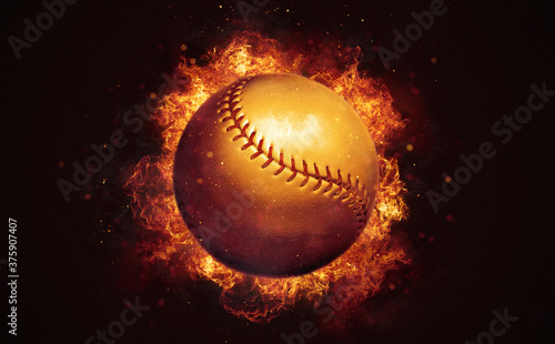 Canvas Print Flying baseball ball in burning flames close up on dark brown background