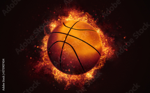 Flying basketball ball in burning flames close up on dark brown background. Classical sport equipment as conceptual 3D illustration. © LeArchitecto