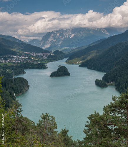 View of Lago di Centro Cadore (Cadore lake) as seen from Pieve di Cadore town, Veneto region, Belluno province, Italy.