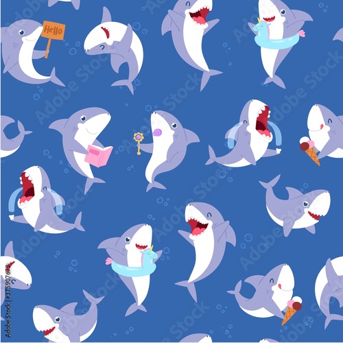 Seamless shark pattern, cute underwater animal, funny sea fish, happy blue wallpaper, design, cartoon style vector illustration. Marine wild fashion background, wildlife summer, sweet aquatic life.