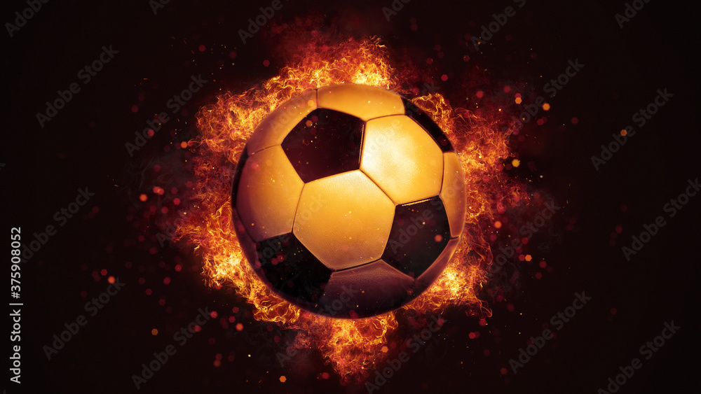 Naklejka premium Flying soccer ball in burning flames close up on dark brown background. Classical sport equipment as conceptual 3D illustration. 