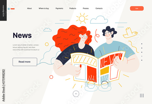 Business topics - news, web template, header. Flat style modern outlined vector concept illustration. A couple, man and woman reading a newspaper together. Business metaphor.