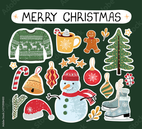 Vector modern colorful set with hand drawn doodle illustrations of christmas objects and lettering, stickers. Use it as elements for design greeting cards , poster, card, packaging paper design