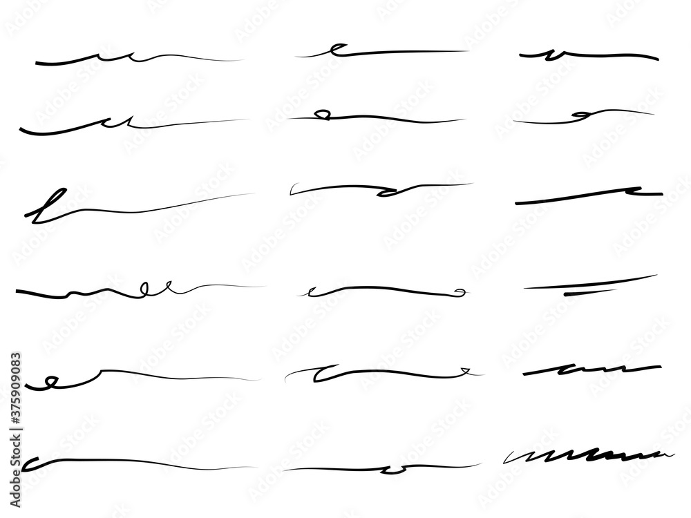 Hand drawn set of underline, curly swishes, swashes, swoops. swirl. Highlight text elements. vector illustration