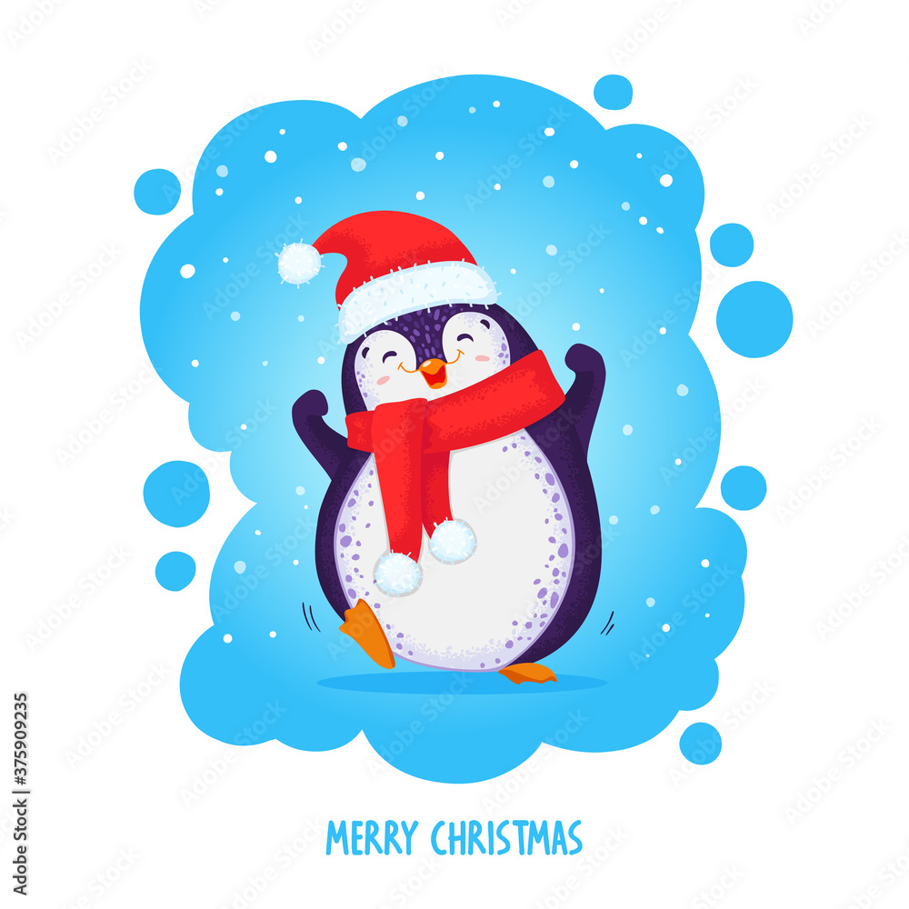 Christmas hand drawn cute penguin. Colored vector illustration in cartoon style. Great for  greeting prints, decor and web design. All elements are isolated.