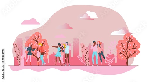 Spring pink park with funny peoples, outdoor urban landscape, design cartoon style vector illustration, isolated on white. Buildings in background, men and women walking in park among trees along path