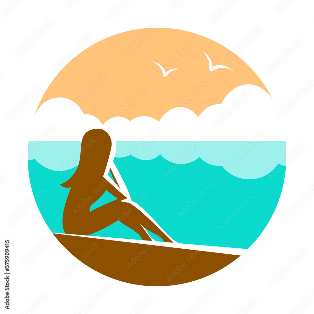 Silhouette of a girl at a beach resort. Sits on the seashore. Vector round illustration.