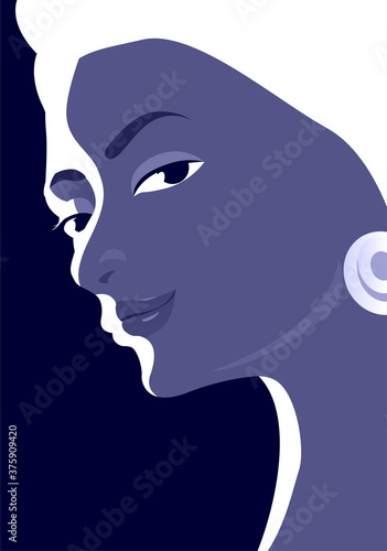 African young woman in a turban. Portrait of a beautiful woman in the moonlight. Vector poster illustration.