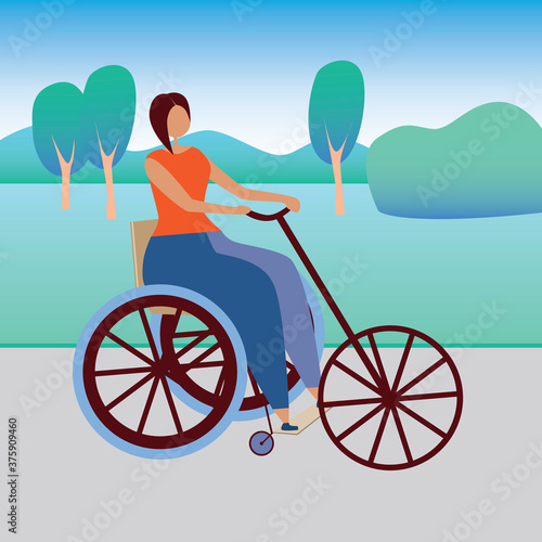 Disabled girl riding a bicycle as a concept of inclusiveness, disabled transport, activity, sport, flat vector stock illustration with disabled cyclist