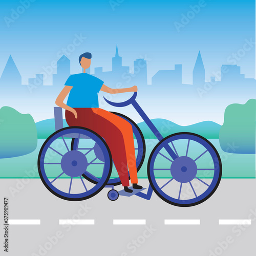 Disabled person riding a bicycle in a park outside the city as inclusiveness, activity concept, flat vector stock illustration with disabled cyclist