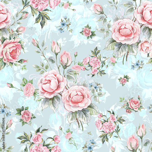 Seamless beautiful pattern for the surface flowers drawn by hand on pape