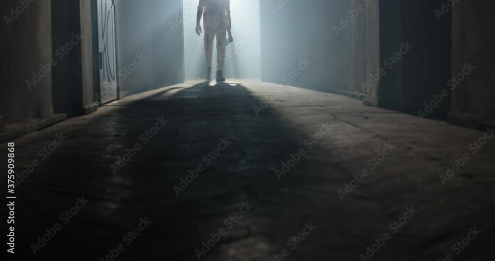 Maniac carrying a murderous weapon escaping from crime scene. Bloodthisty criminal carrying an axe in hallway of old house 4k footage Maniac carrying a murderous weapon escaping from crime scene. Bloodthisty criminal carrying an axe in hallway of old house 4k footage