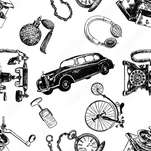 Valokuva Seamless pattern of hand drawn sketch style different vintage objects isolated on white background