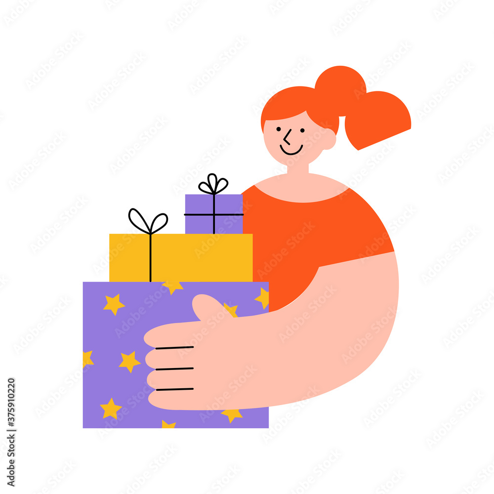Young woman with smile holds gift boxes in hand. Trendy flat vector illustration isolated on white background. Art for greeting card, web banner, social media, sticker or print. Young woman with smile holds gift boxes in hand. Trendy flat vector illustration isolated on white background. Art for greeting card, web banner, social media, sticker or print.