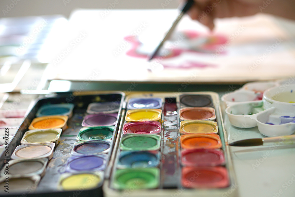 Watercolor palette, artist painting picture Watercolor palette, artist painting picture