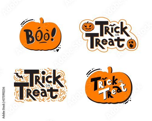 Halloween hand lettering inside the orange pumpkin silhouette. Vector set with Trick or treat phrases. Original typography design for card, invitation, web banner, social media or sticker.
