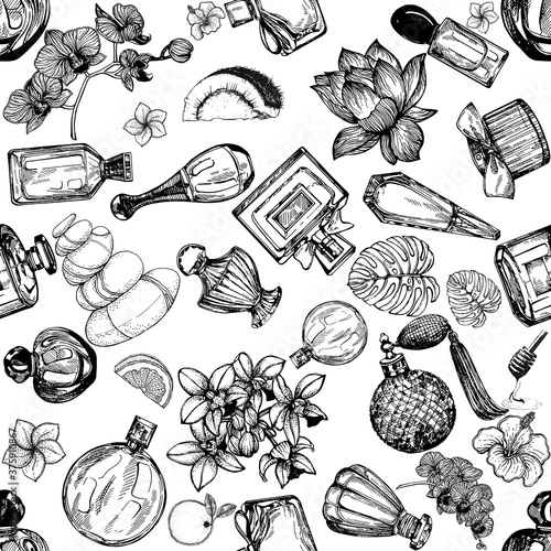 Seamless pattern of hand drawn sketch style bottles of perfume and plants isolated on white background. Vector illustration.