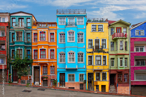 Colorful historical houses in the old neighborhood of Balat in Istanbul, Turkey