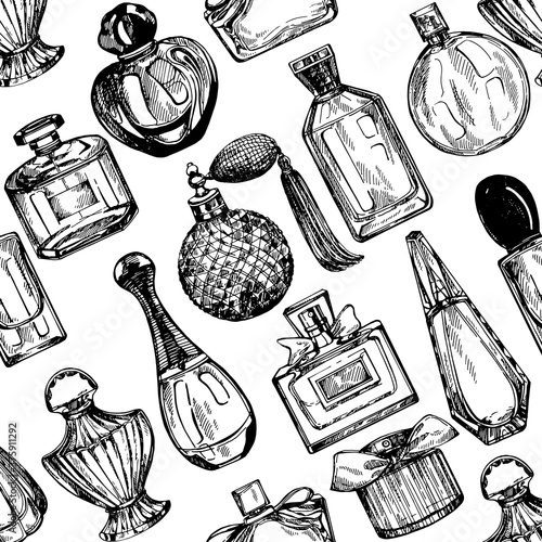 Seamless pattern of hand drawn sketch style bottles of perfume isolated on white background. Vector illustration.