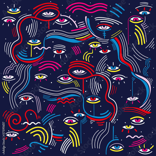 Modern doodle psychedelic fashion eyes abstract composition in minimalist Memphis style with eyes,